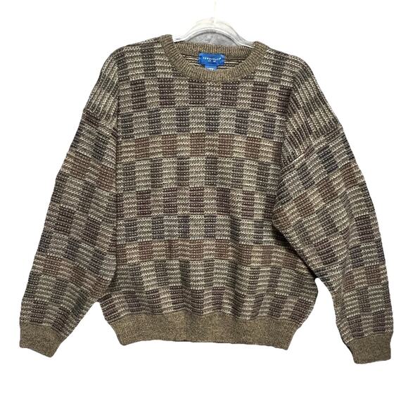 Towncraft Other - Vtg TOWNCRAFT Mens Cosby Style Sweater Sz L 90s Geometric Checker Crewneck Brwn